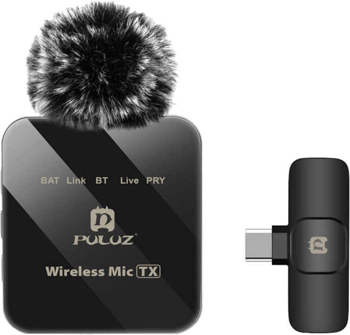 Fekete vezeték nélküli mikrofonkészlet szőrös szélfogóval és USB-C vevővel fehér háttéren.