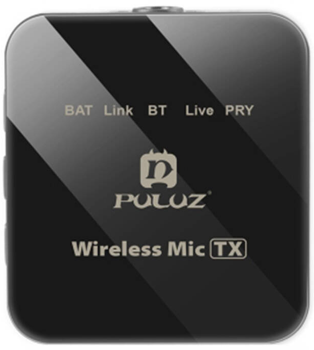 Fekete POLOZ Wireless Mic TX eszköz. Szöveg: BAT, Link, BT, Live, PRY. Logó. Fényes felület.