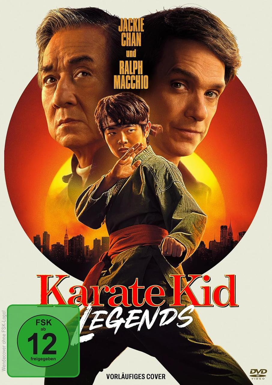 Kinoposter für Karate Kid: Legends. Jackie Chan, Ralph Macchio und ein junger Kampfsportler sind zu sehen.