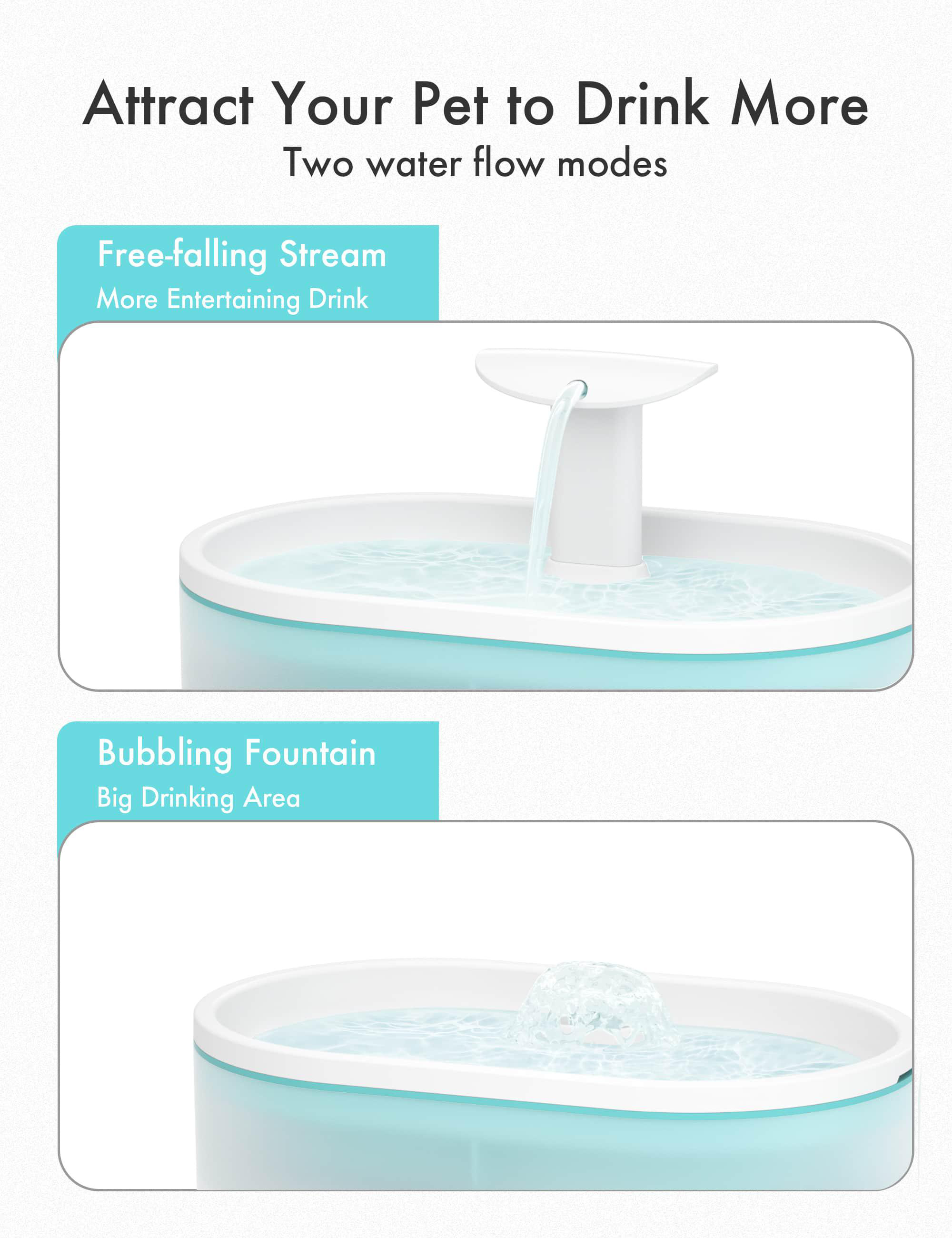 Das Bild zeigt einen Trinkbrunnen für Haustiere. Zwei Modi: fallender Strahl und sprudelnder Brunnen. Es hat einen blauen Sockel und weiße Akzente.