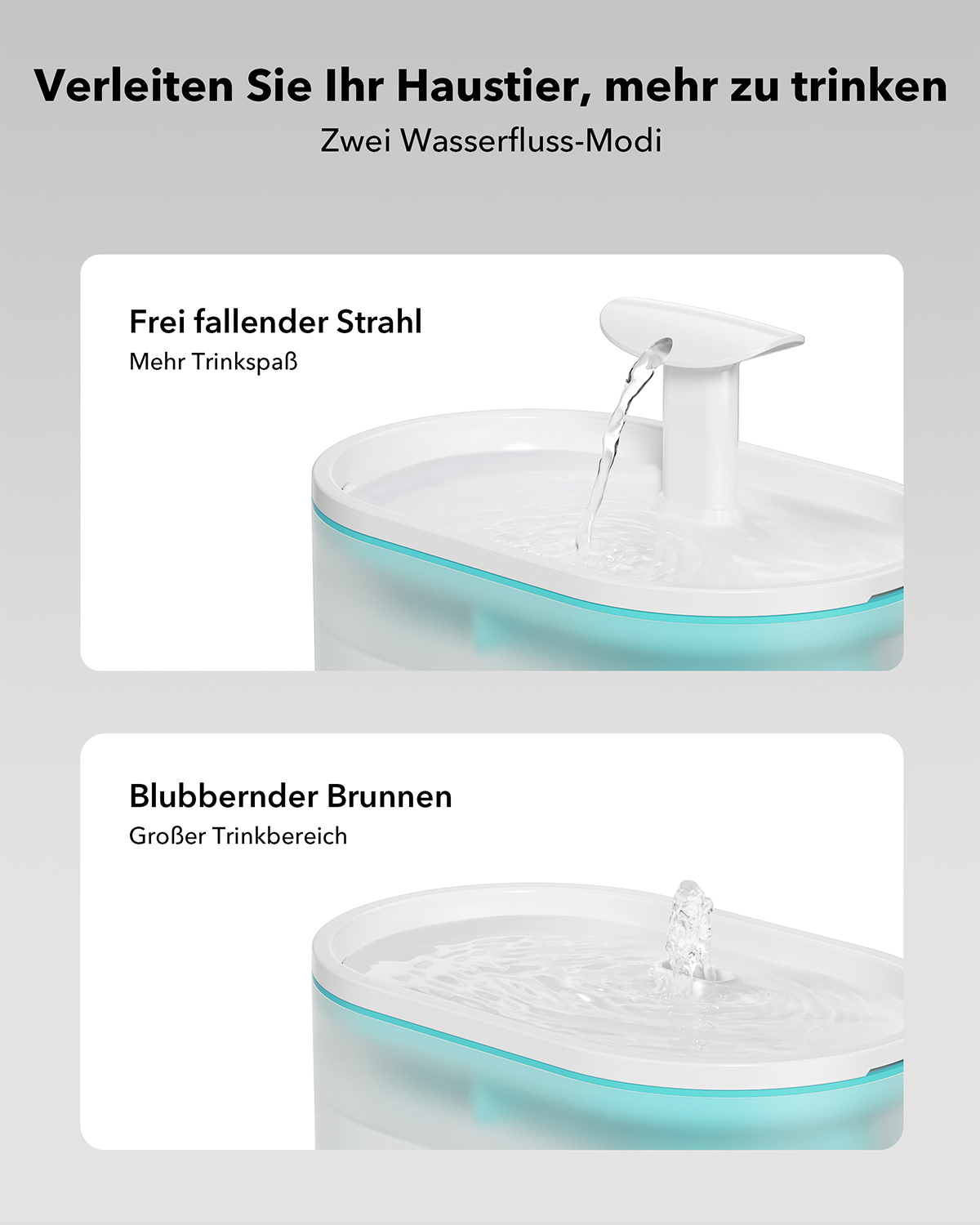Eine Haustier-Wasserfontäne mit zwei Modi. Einer mit freiem Strahl, der andere mit sprudelndem Brunnen.
