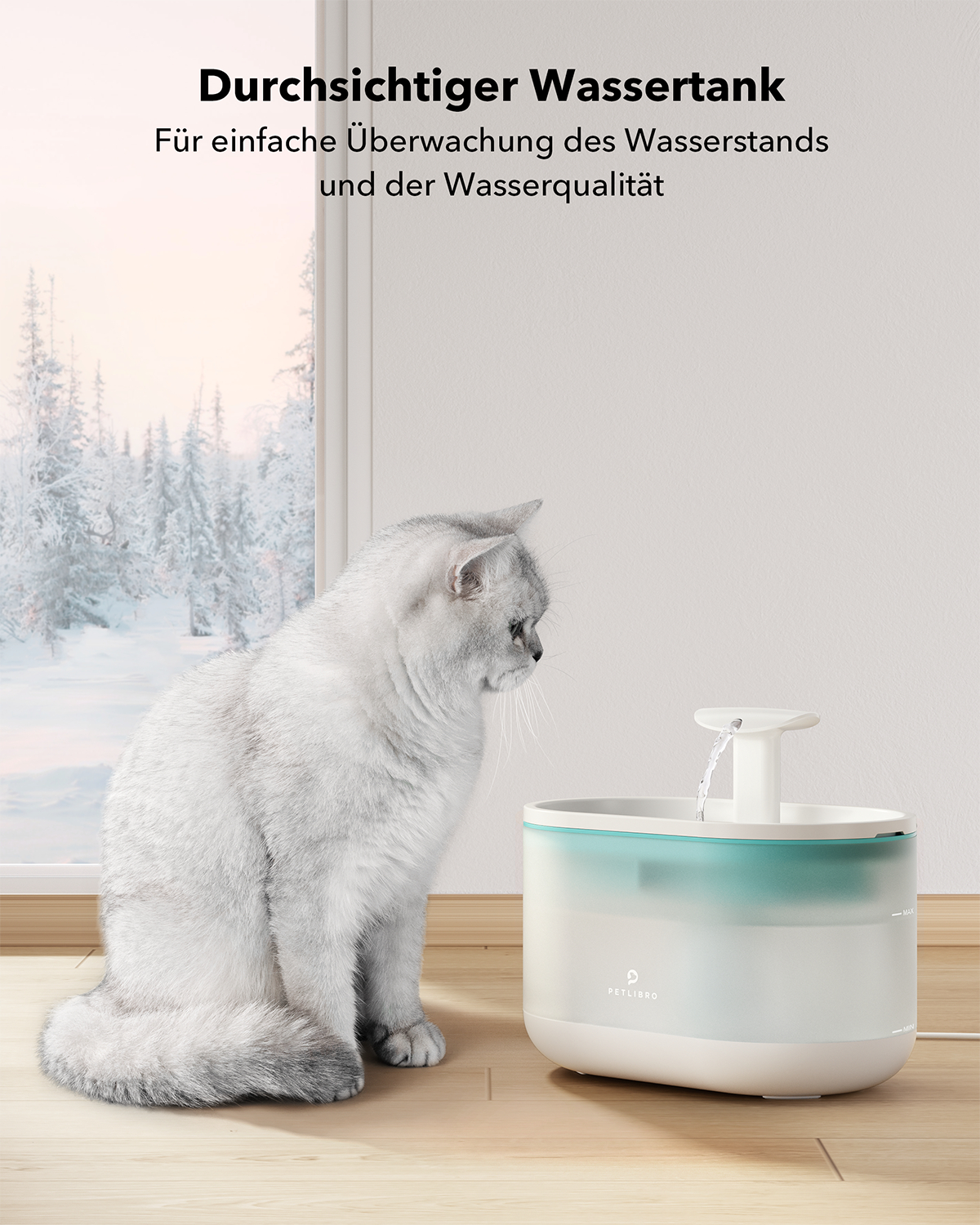 Eine weiße Katze sitzt neben einem Wasserbrunnen mit fließendem Wasser. Im Hintergrund sind schneebedeckte Bäume zu sehen.