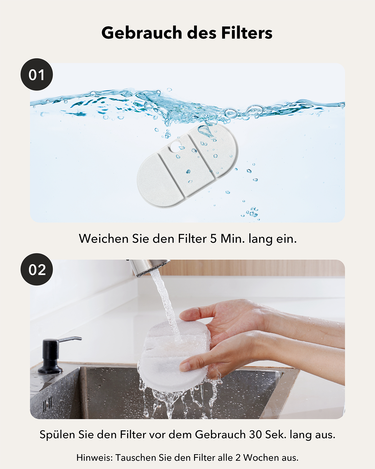 Das Bild zeigt, wie ein Filter in Wasser eingeweicht und unter einem Wasserhahn gespült wird. Gebrauchsanweisungen werden angezeigt.