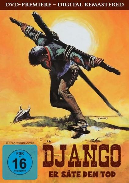 Plakat des Films Django. Ein Mann trägt einen kreuzartigen Gegenstand. Der Titel "DJANGO" befindet sich unten, mit einer Sonne im Hintergrund.
