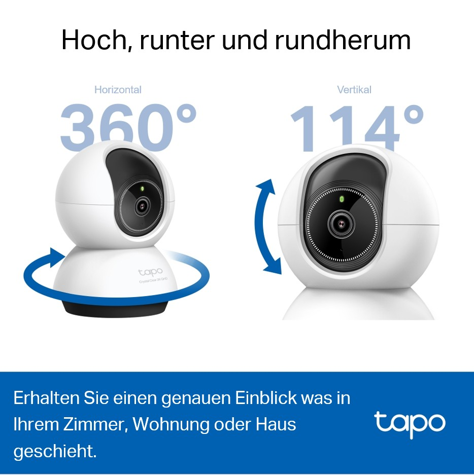 Weißes Überwachungskamera zeigt 360- und 114-Grad-Ansichten. Text: Verschaffen Sie sich einen detaillierten Blick auf Ihr Zimmer.
