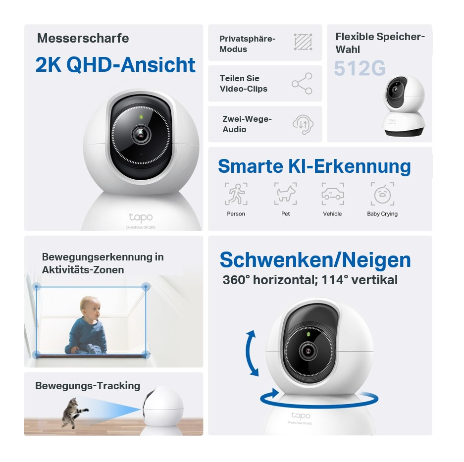 Weiße Überwachungskamera mit Funktionen: 2K QHD, 512G, KI, Bewegungserkennung. Zeigt Baby und Katze.