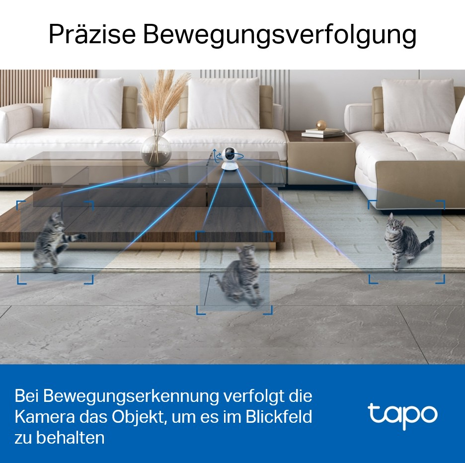 Eine Überwachungskamera verfolgt drei Katzen in einem Wohnzimmer. Linien zeigen den Erfassungsbereich. Text: 'Präzise Bewegungserfassung'.
