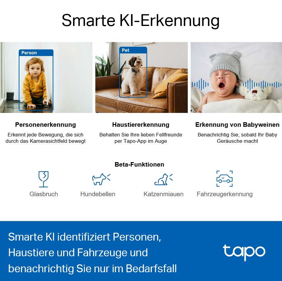 Bild zeigt intelligente KI-Funktionen: Personen-, Haustier-, Baby-Weinerkennung. Beta-Funktionen: Glasbruch, Hundegebell, Katzenmiauen, Fahrzeuge.
