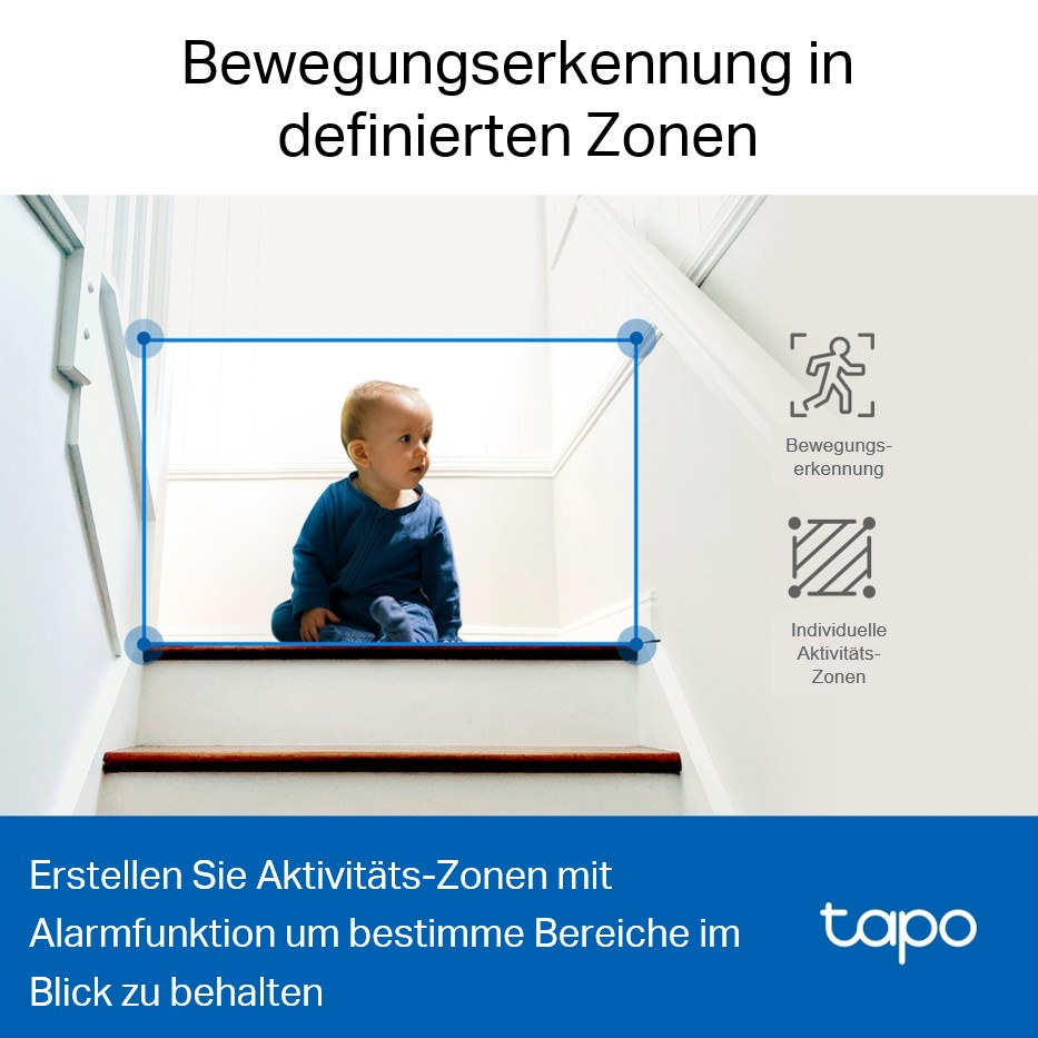 Ein Baby in Blau sitzt auf einer Treppe. Ein blauer Kasten umgibt das Baby. Text über Aktivitätszonen und Bewegungserkennung.