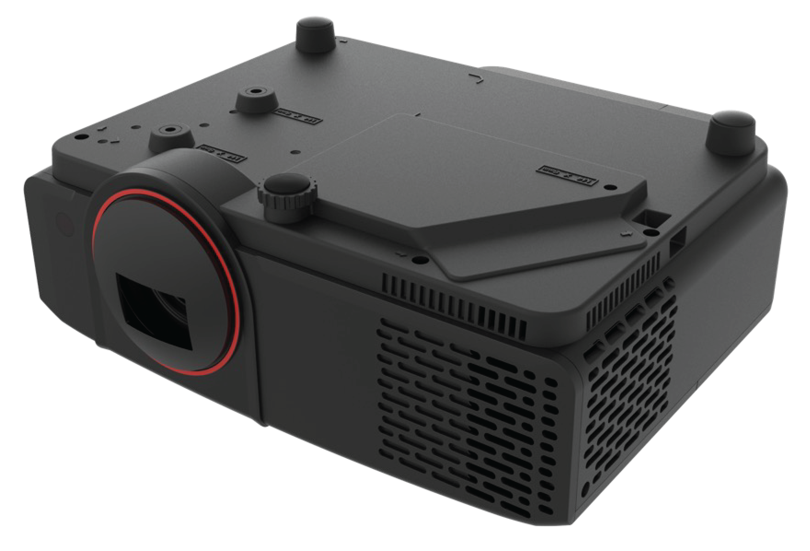 Czarny projektor z czerwonym pierścieniem wokół obiektywu na czarnej powierzchni. Ma otwory wentylacyjne i regulowane nóżki.