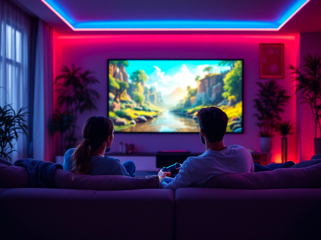 Para ogląda telewizję w różowo-niebieskim pokoju. Krajobraz na dużym ekranie. Siedzą na fioletowej sofie.