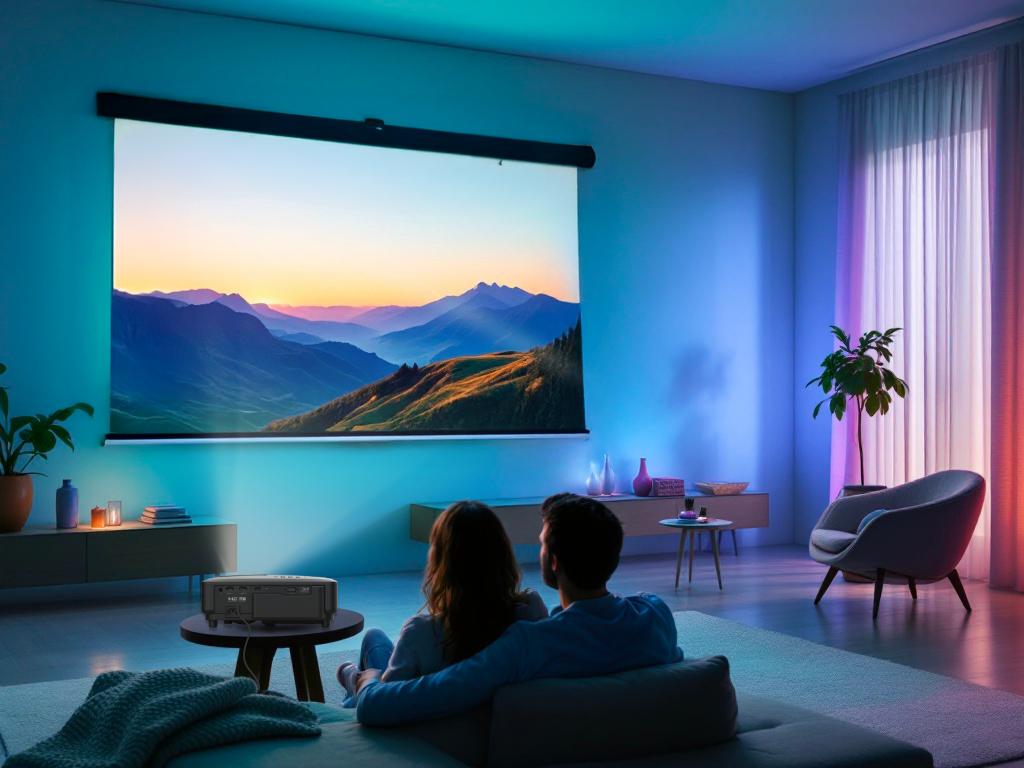 Para ogląda krajobraz górski na ekranie projektora. Ustawienia salonu z niebieskim i fioletowym oświetleniem.