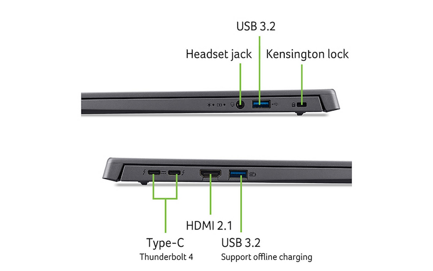 Puertos de portátil: USB 3.2, conector de auriculares, bloqueo Kensington, Tipo-C, HDMI 2.1, Thunderbolt 4 y USB 3.2 con carga sin conexión.