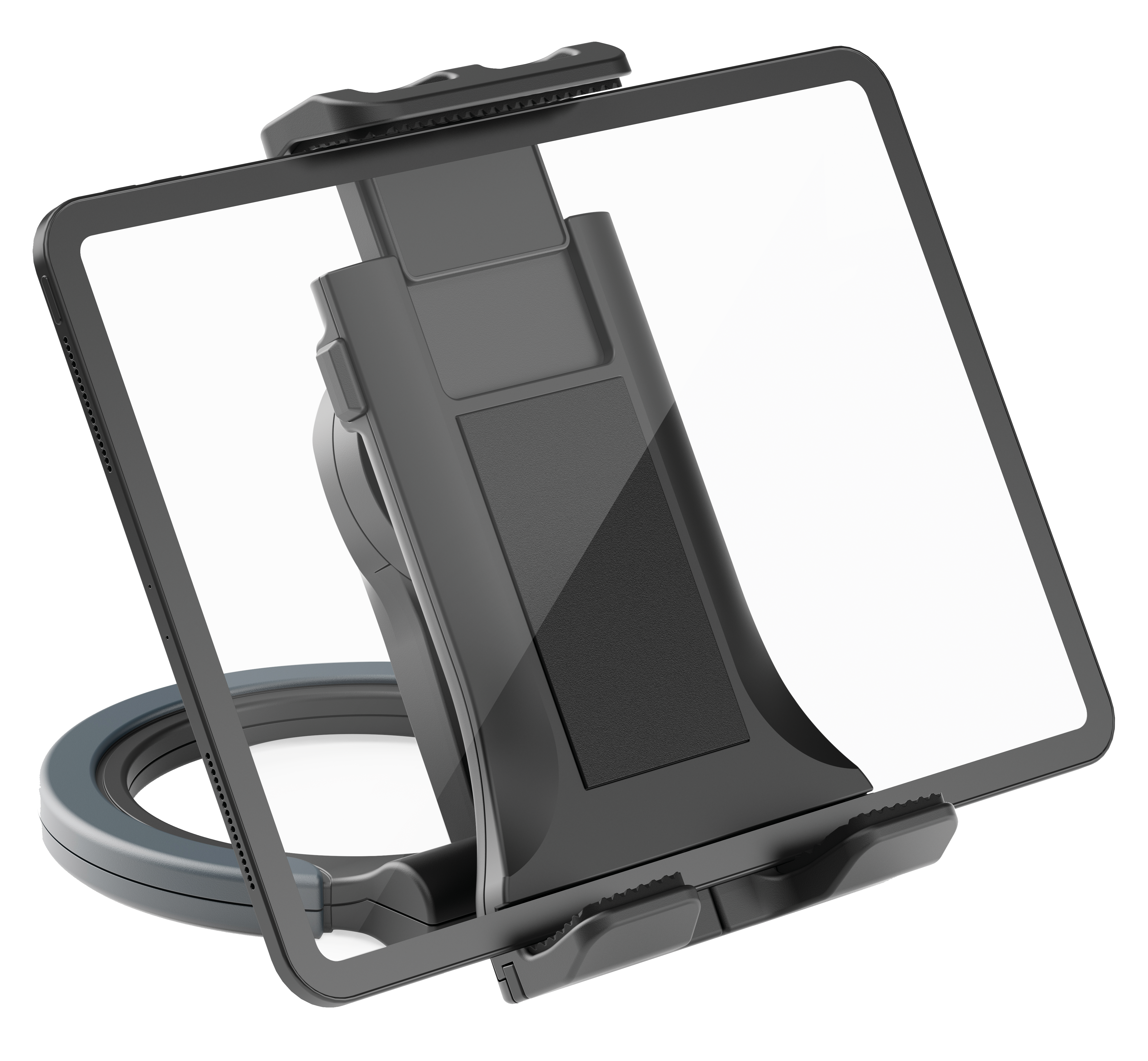 Schwarzer Tablethalter mit grauem Sockel. Der Halter ist angewinkelt und zeigt den Rahmen für ein Tablet. Weißer Hintergrund.