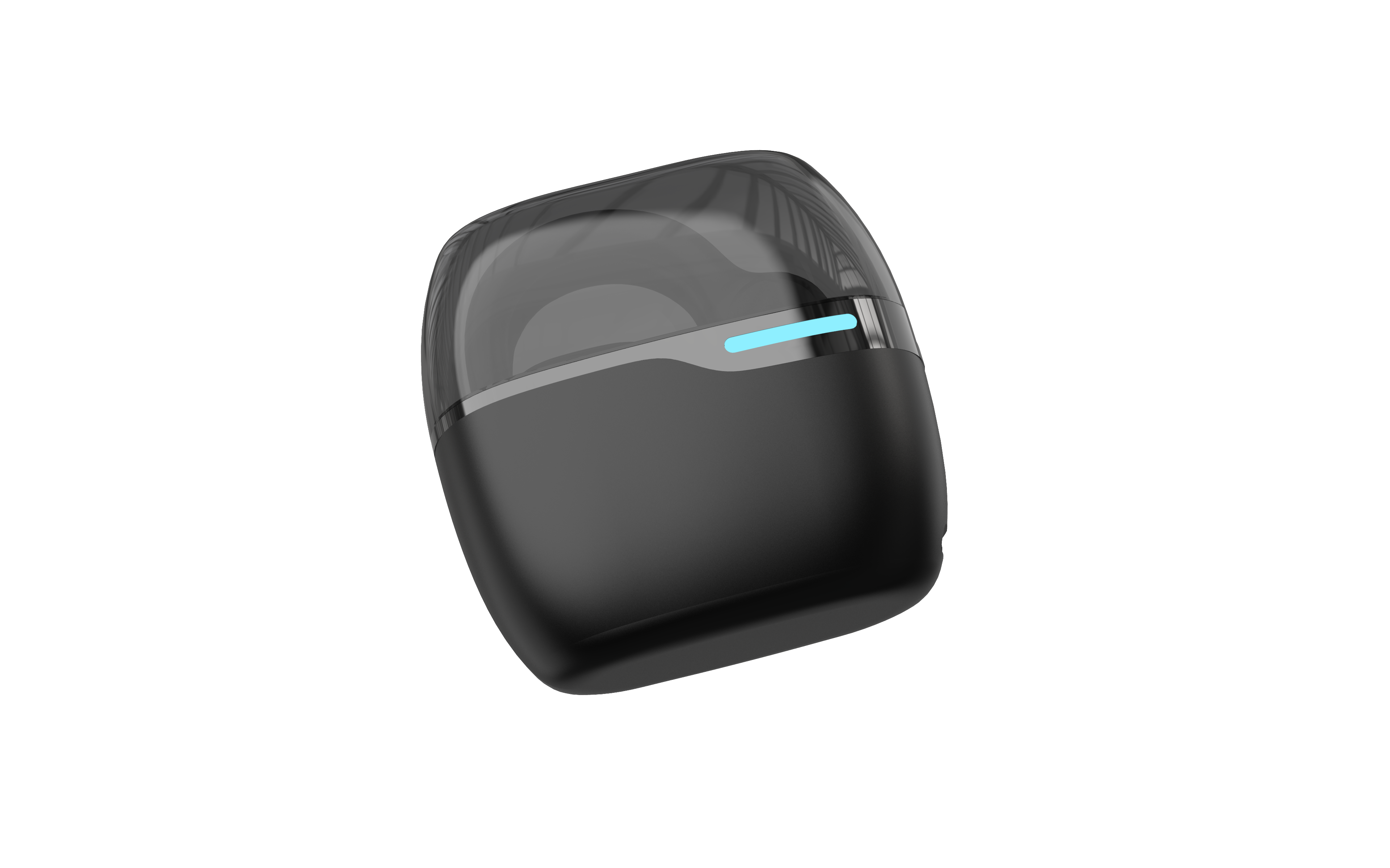Ein schwarzes, ovalförmiges Gerät mit transparentem Deckel. Ein blauer Lichtstreifen ist sichtbar.