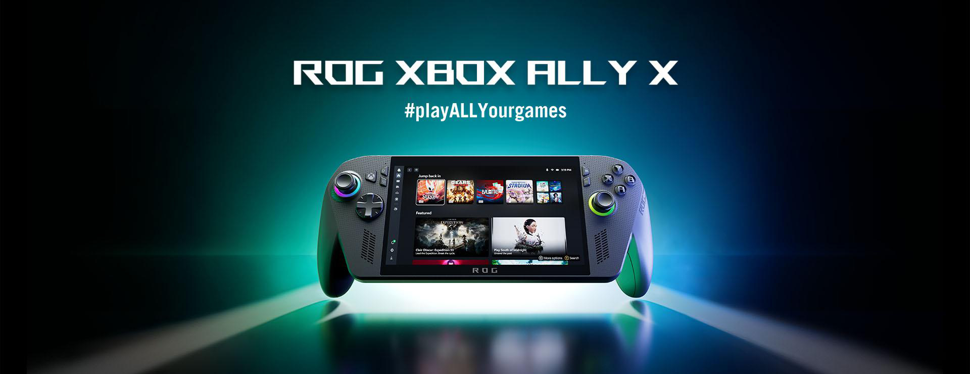 ROG Xbox Ally X Handheld-Konsole, schwarz, auf blauem Hintergrund. Bildschirm zeigt Spieloberflächen. Text: #playALLYourgames.