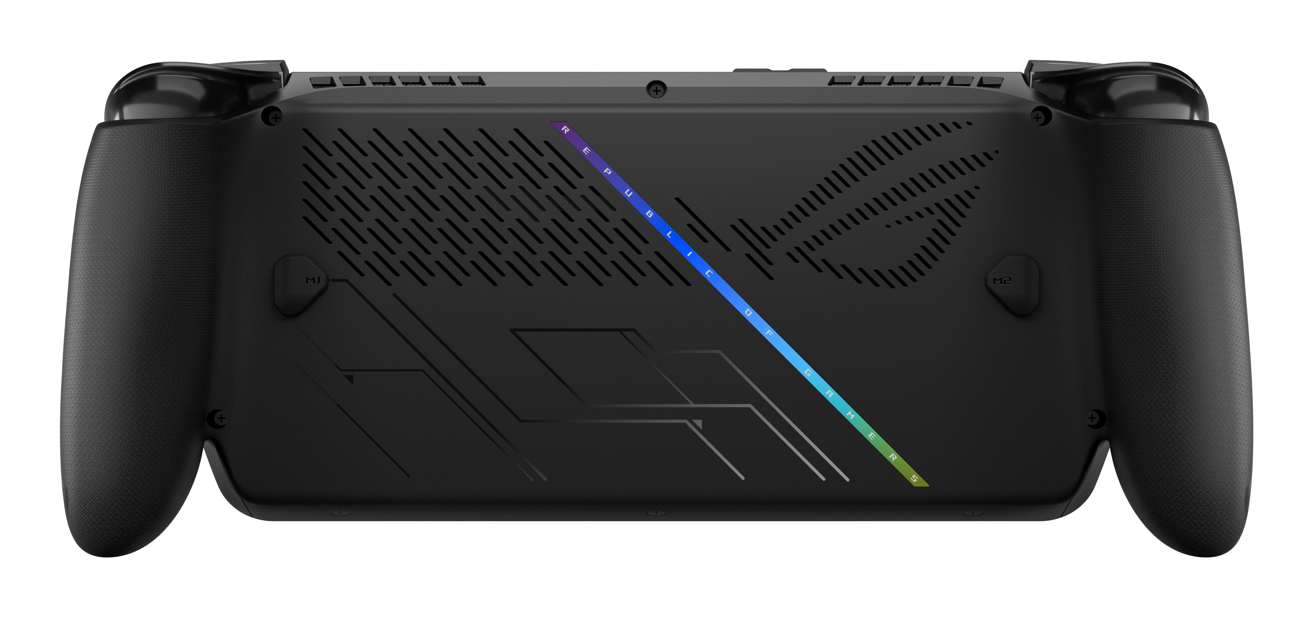 Schwarzes Handheld-Gaming-Gerät. Merkmale: strukturierte Griffe, Lüftungsschlitze und ein leuchtender Farbverlauf mit der Aufschrift 'REPUBLIC GAMERS'.