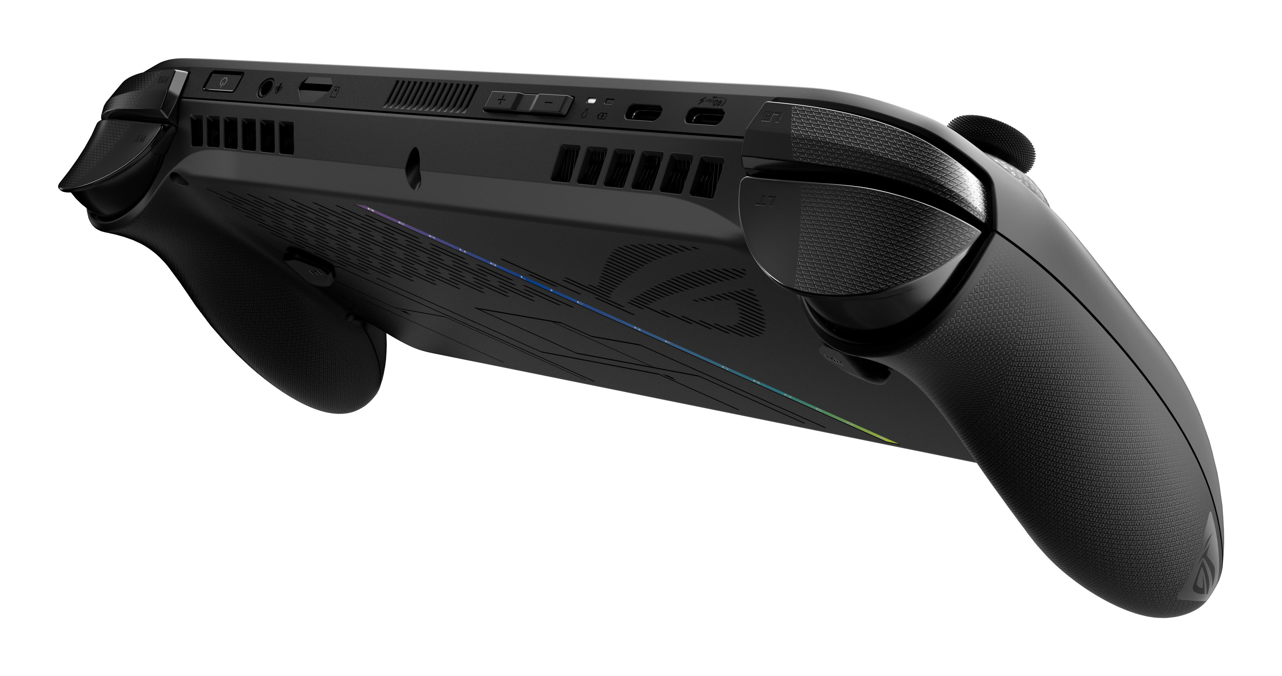 Schwarzer Gamecontroller, Ansicht von der Seite. Details: Knöpfe, Trigger und strukturierte Griffe. Der Hintergrund ist weiß.