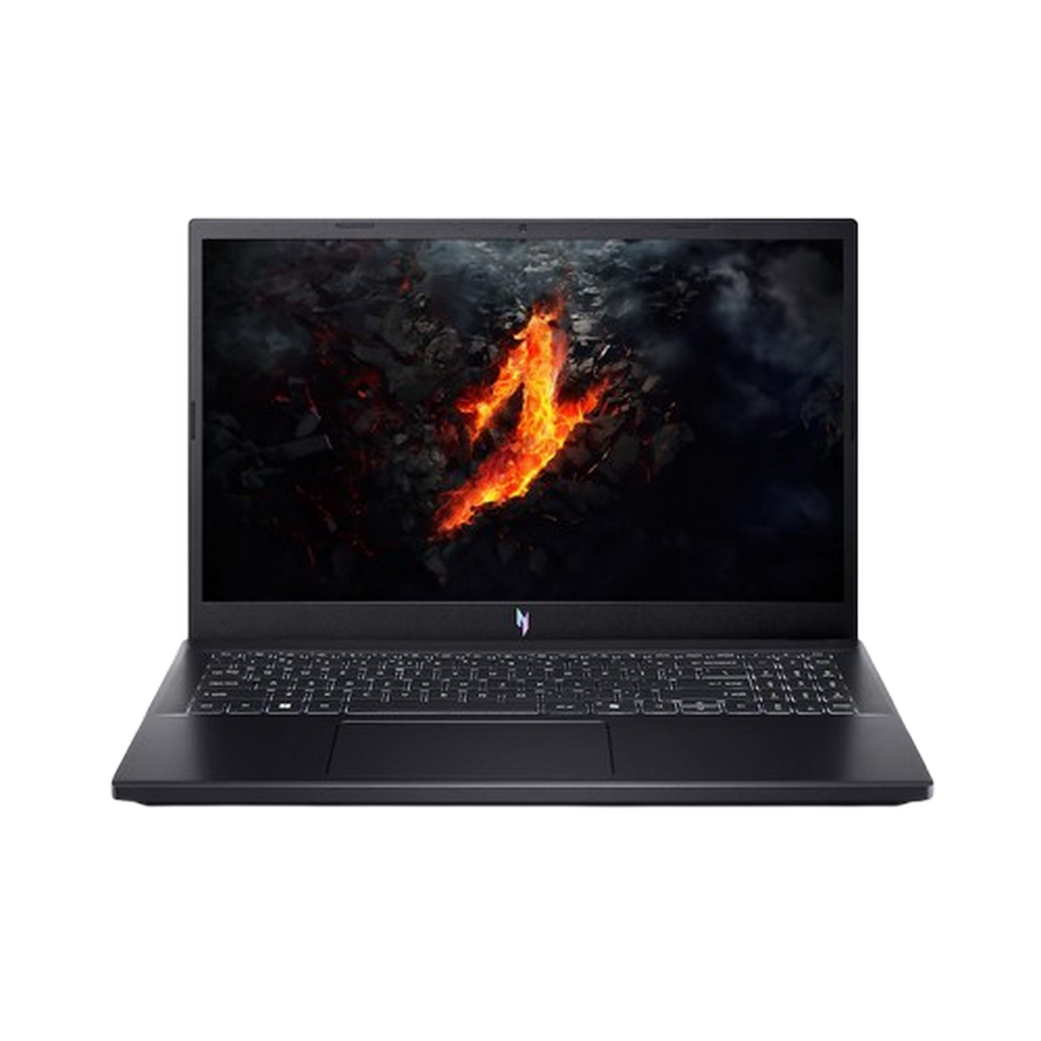 Un portátil negro con una imagen de fuego en la pantalla. El fondo es gris.