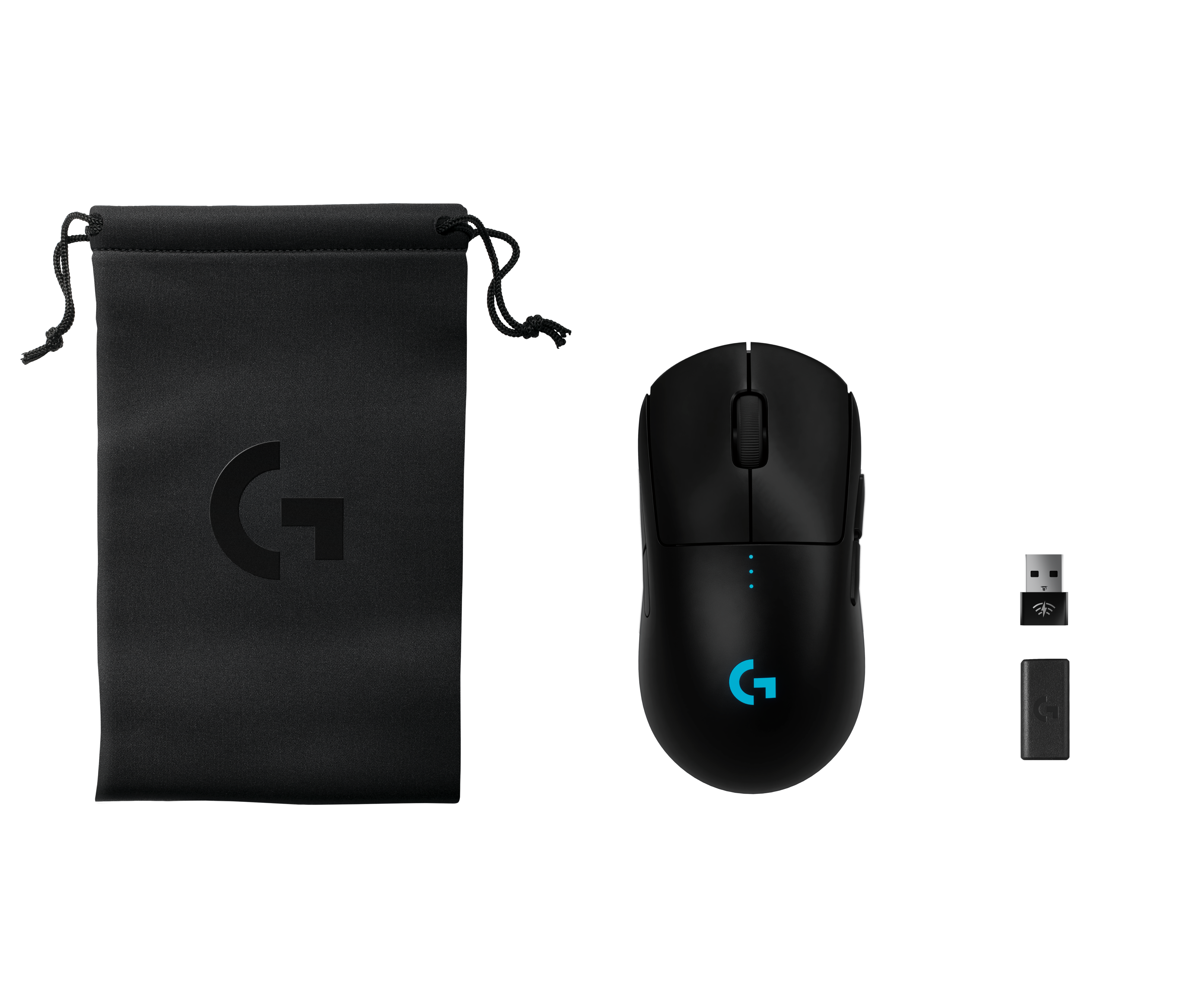 Ratón inalámbrico Logitech G Pro negro, bolsa, receptor y extensor. Fondo blanco.