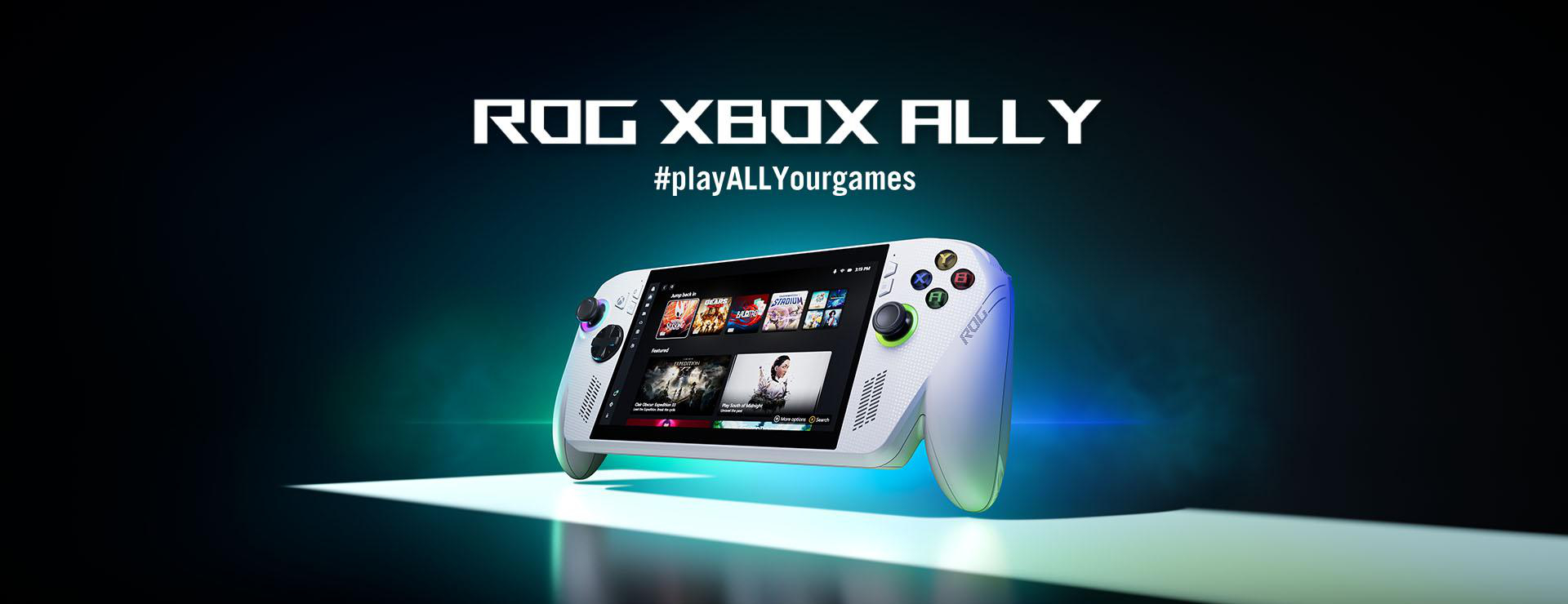 Weiße ROG Xbox Ally Konsole mit Bildschirm, der Spiele zeigt, beleuchtet auf dunklem Hintergrund, Text: ROG XBOX ALLY.