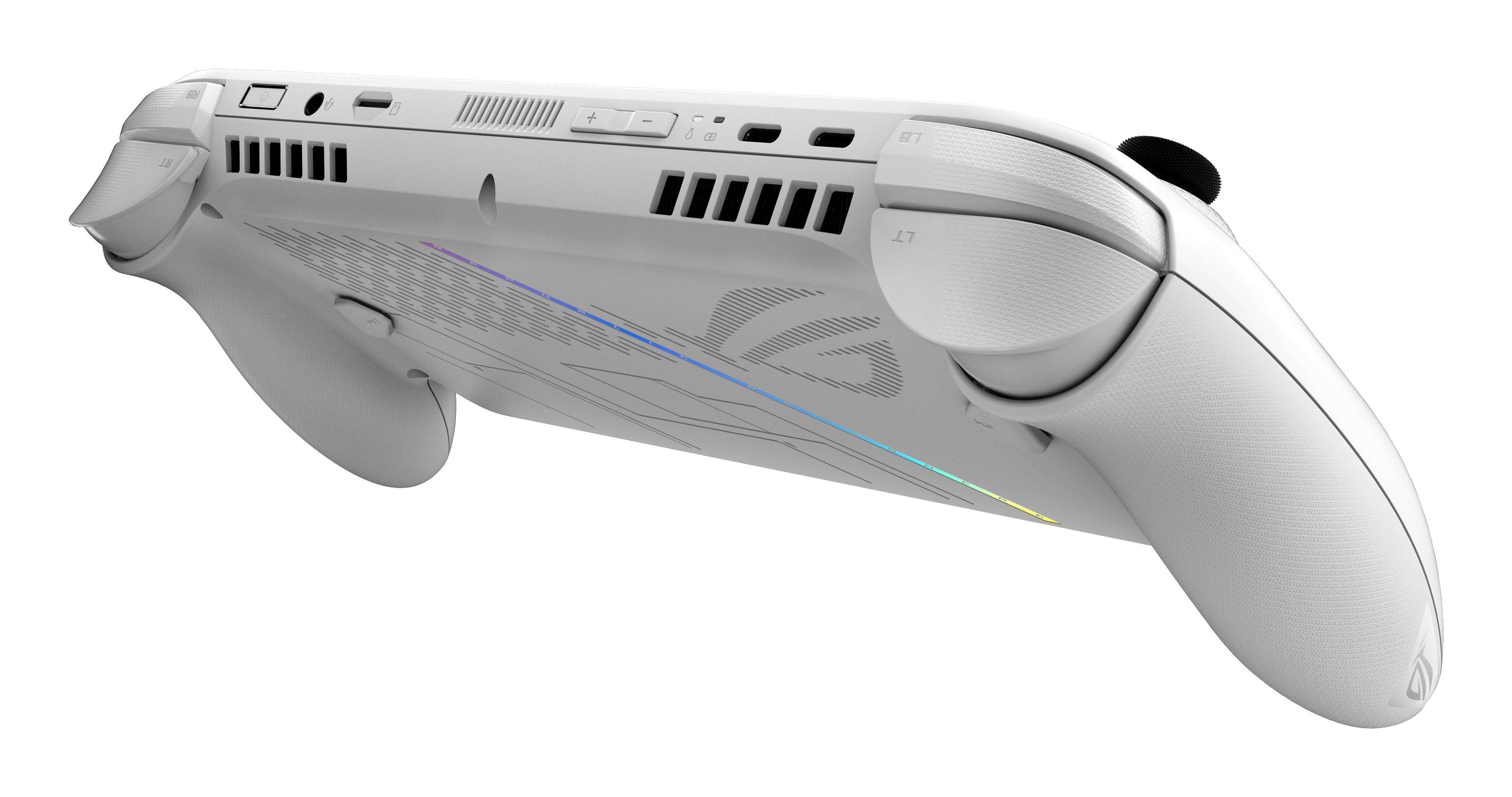 Weißer Gamecontroller mit strukturierter Oberfläche, Knöpfen und farbiger Linie. Auf weißem Hintergrund isoliert.