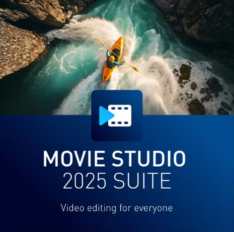 Kanufahrer auf einem Fluss mit Stromschnellen, über einem blau-weißen Logo für eine Videosuite, Movie Studio 2025 Suite.