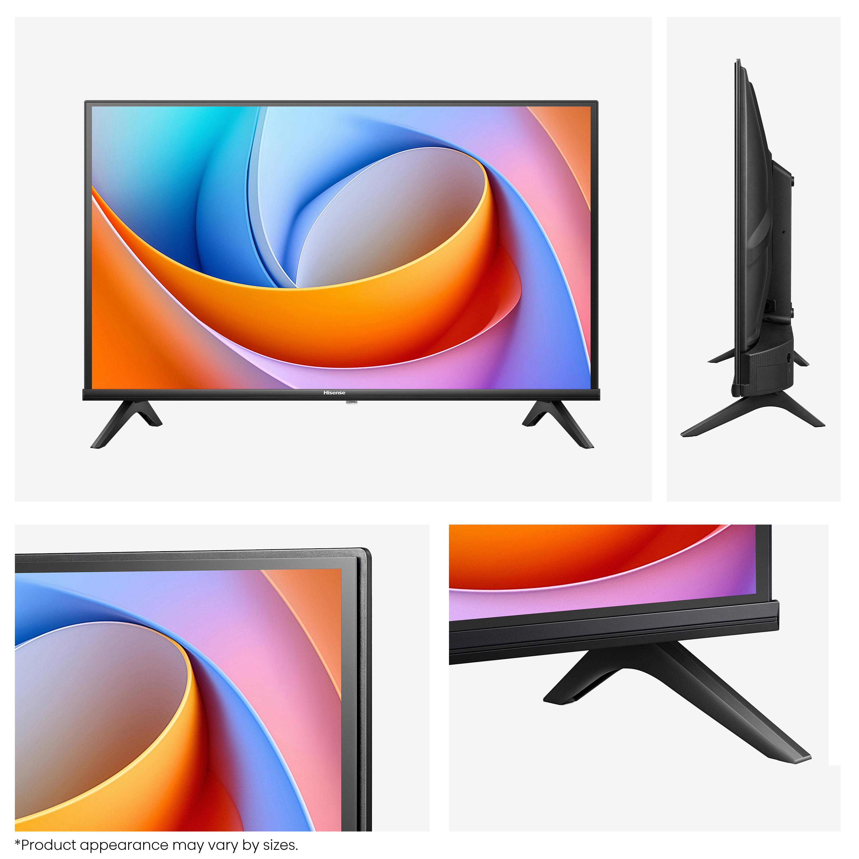 Ein Hisense-Fernseher, schwarzer Rahmen, auf weißem Hintergrund. Der Bildschirm zeigt bunte abstrakte Kunst. Verschiedene Winkel.