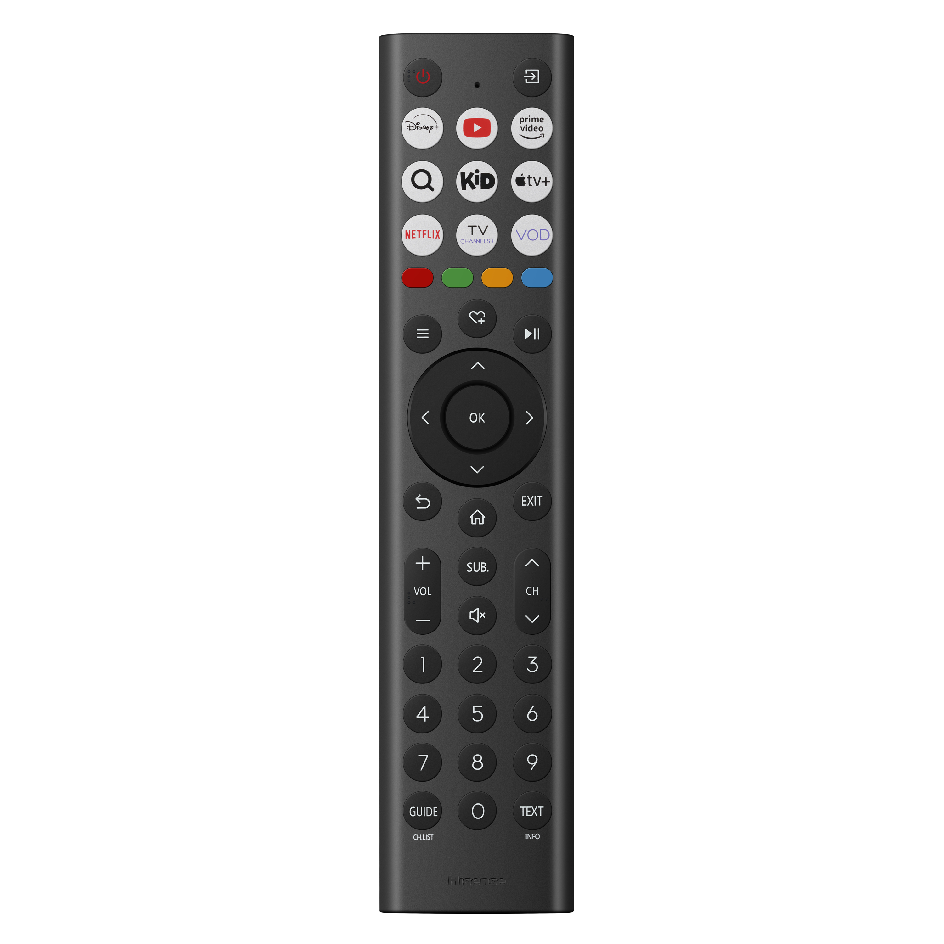 Eine schwarze Hisense TV-Fernbedienung auf weißem Hintergrund. Sie hat viele Tasten, darunter Streaming-Dienst-Logos und Zahlen.