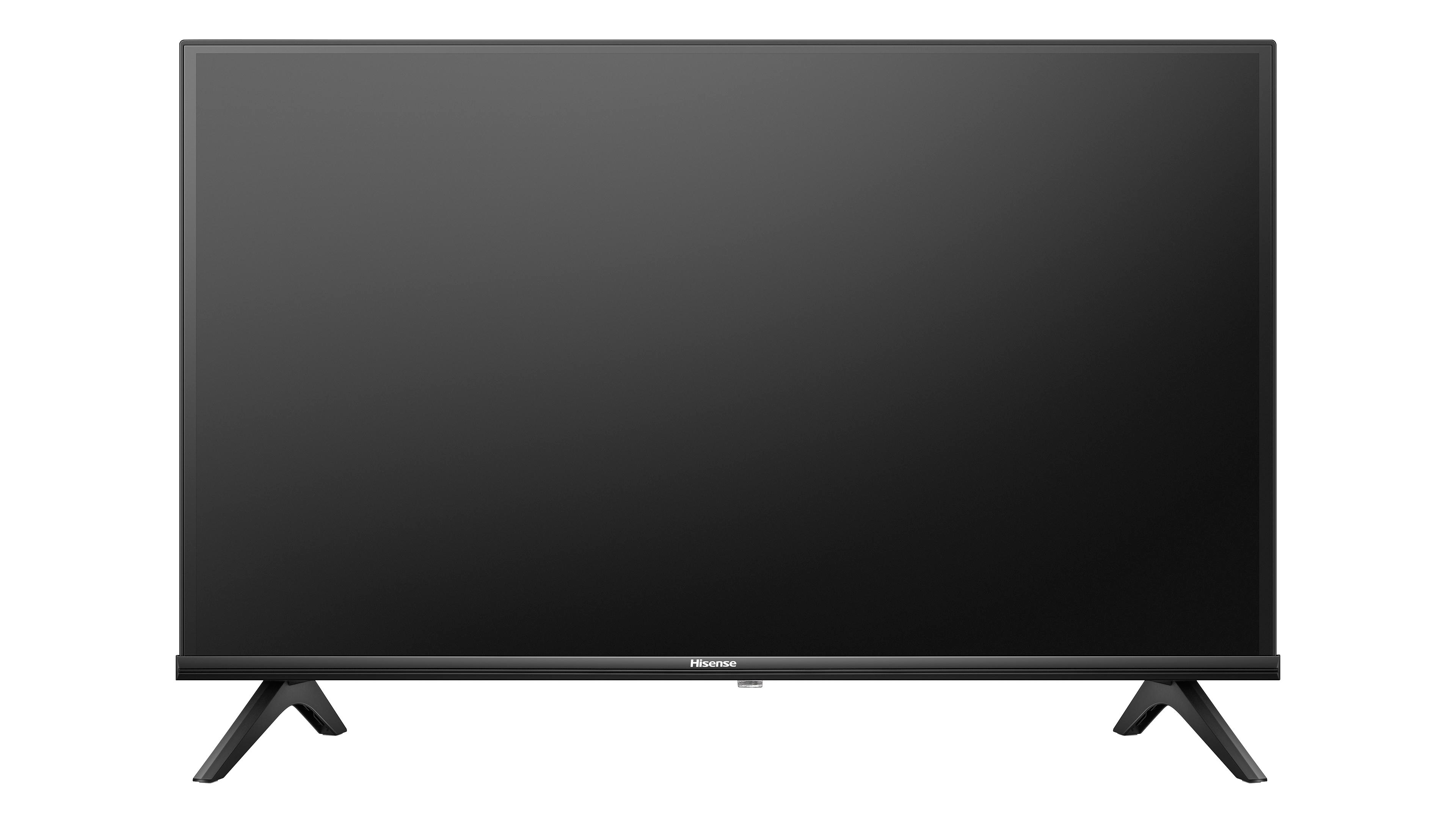Ein schwarzer Hisense-Fernseher vor weißem Hintergrund. Der Fernseher hat einen dunklen Bildschirm und steht auf zwei schwarzen Beinen.