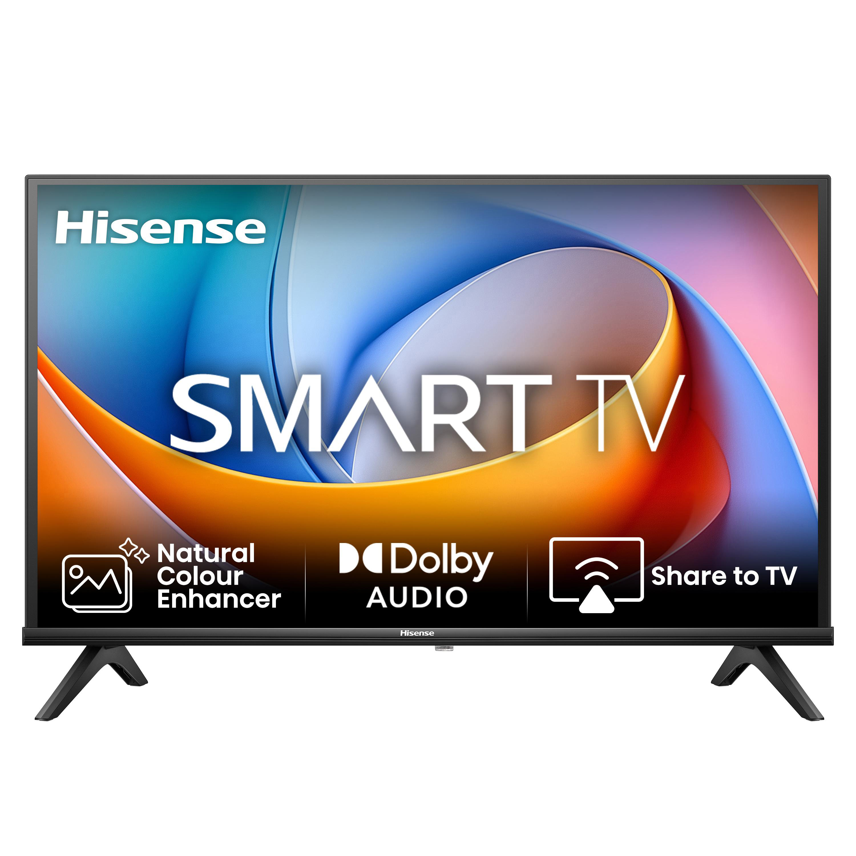 Ein Hisense Smart TV vor weißem Hintergrund. Der Bildschirm zeigt ein farbenfrohes Wirbeldesign. Es hat Funktionen wie Dolby Audio.