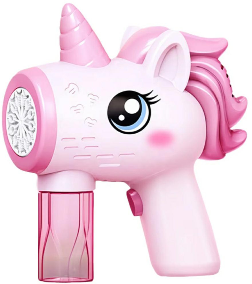 Różowy jednorożec pistolet do baniek mydlanych. Posiada róg, duże oczy, różową grzywę i spust. Ma pojemnik na płyn do baniek.