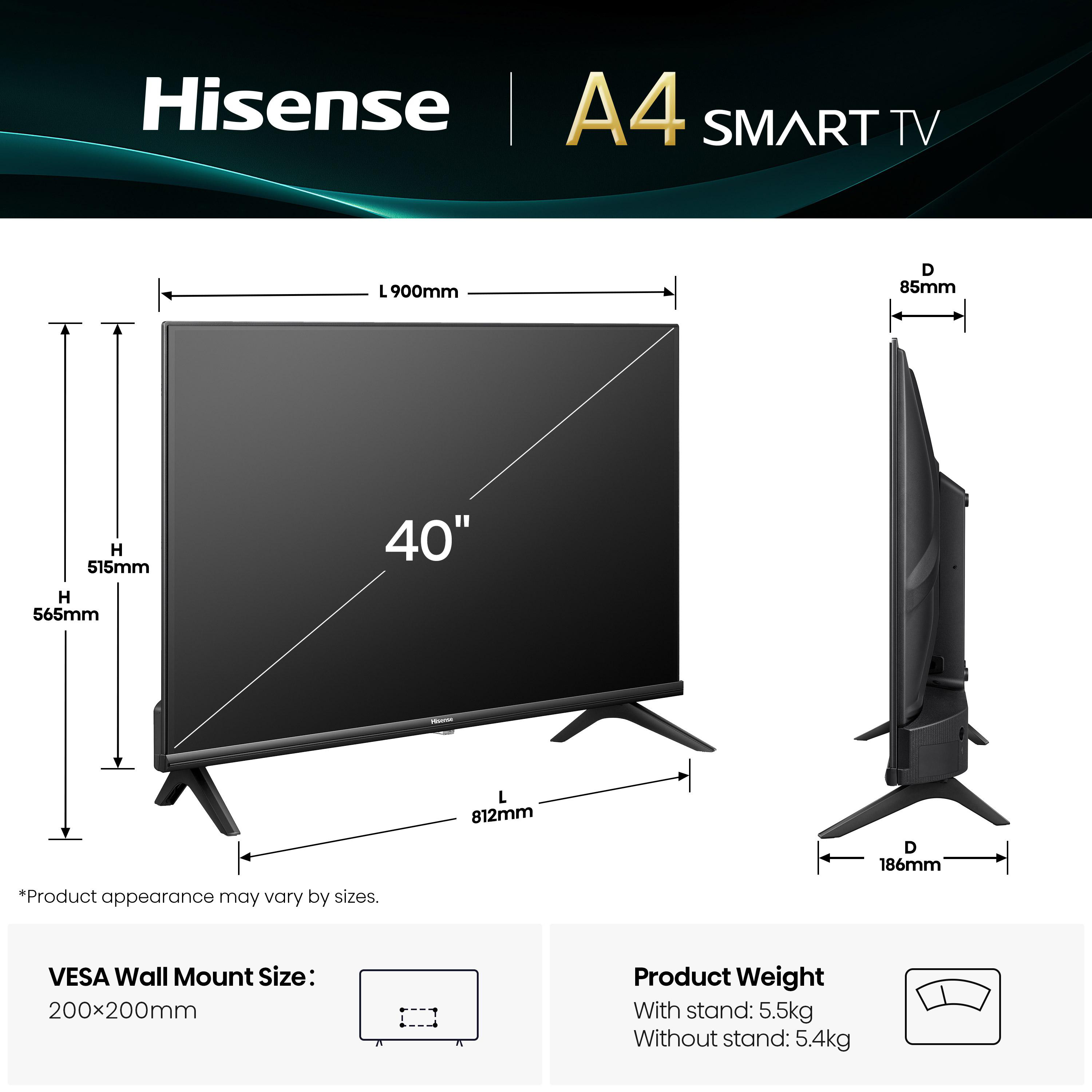 Ein 40" Hisense A4 Smart TV. Abmessungen sind angegeben. Der Fernseher hat einen schwarzen Bildschirm und Sockel. Spezifikationen zu VESA und Gewicht.