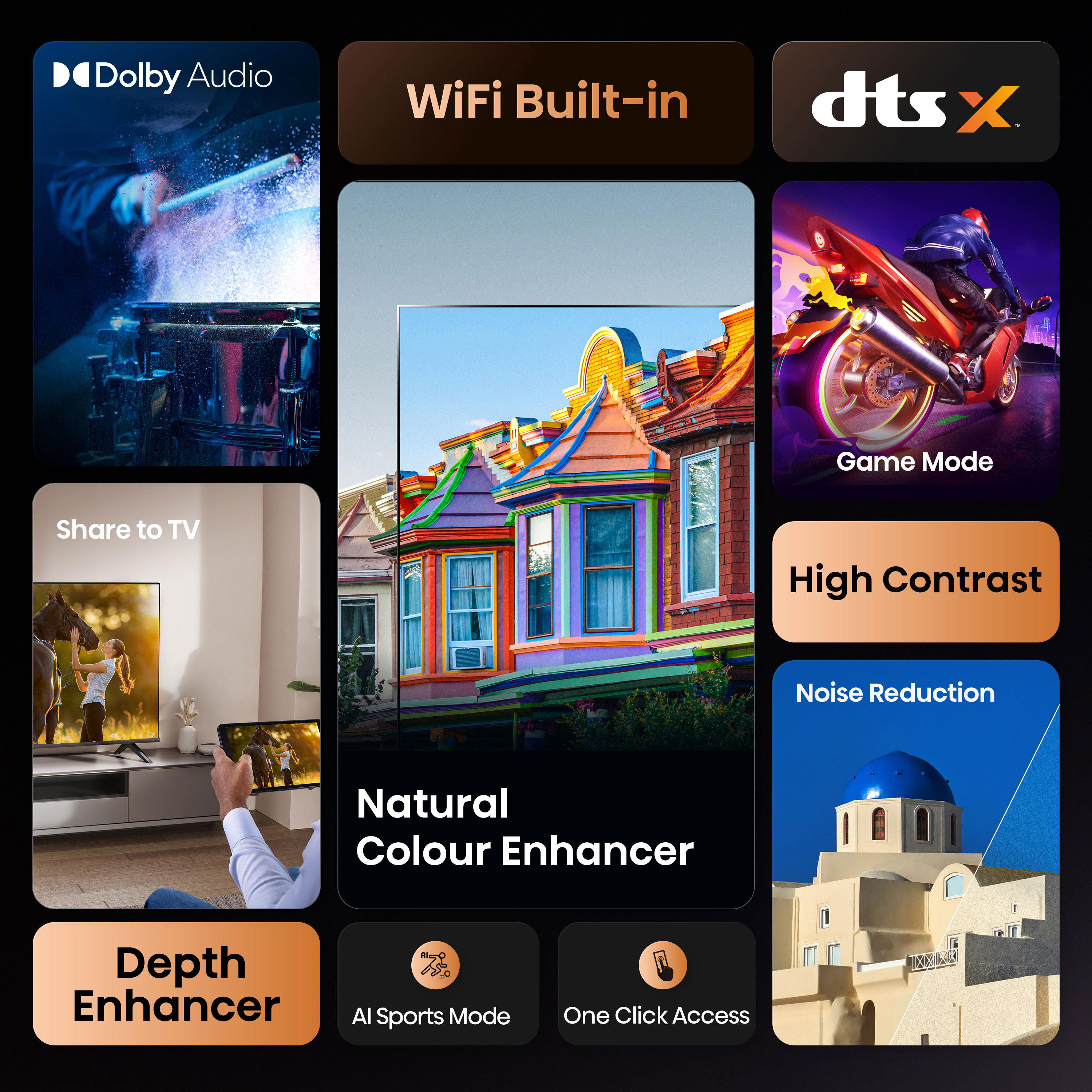 TV-Funktionen: Dolby Audio, WiFi, DTS, Teilen auf TV, Natürlicher Farbverbesserer, Tiefenverbesserer, AI-Sportmodus, One-Click-Zugriff.