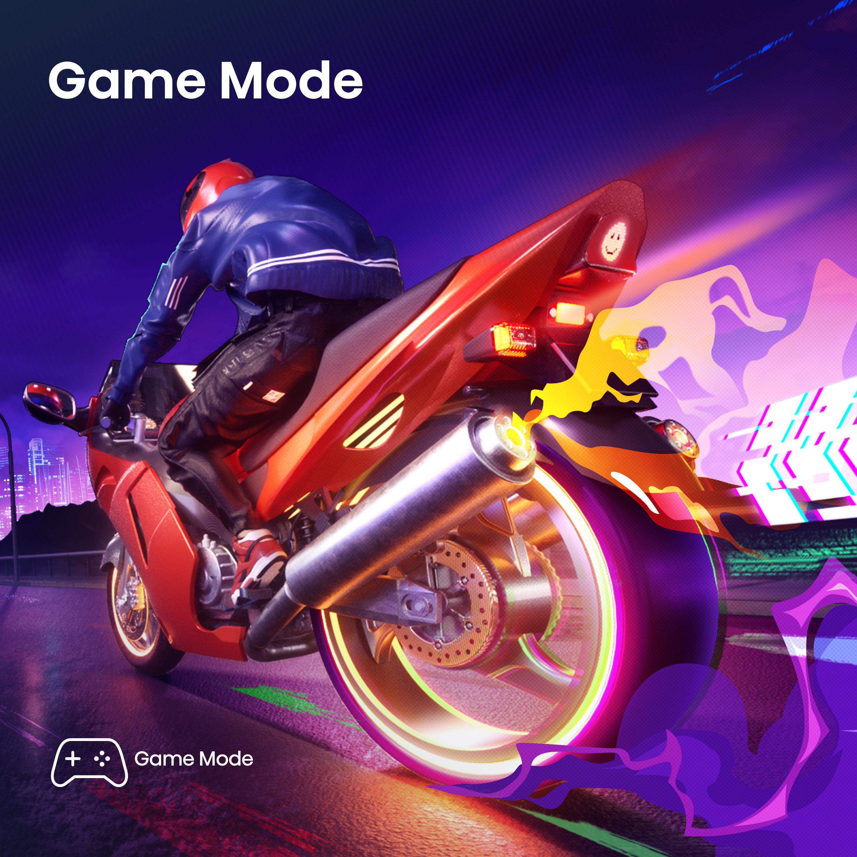 Eine Person fährt ein rotes Motorrad. Der Hintergrund zeigt eine Stadt und Neonfarben, mit dem Text 'Game Mode'.