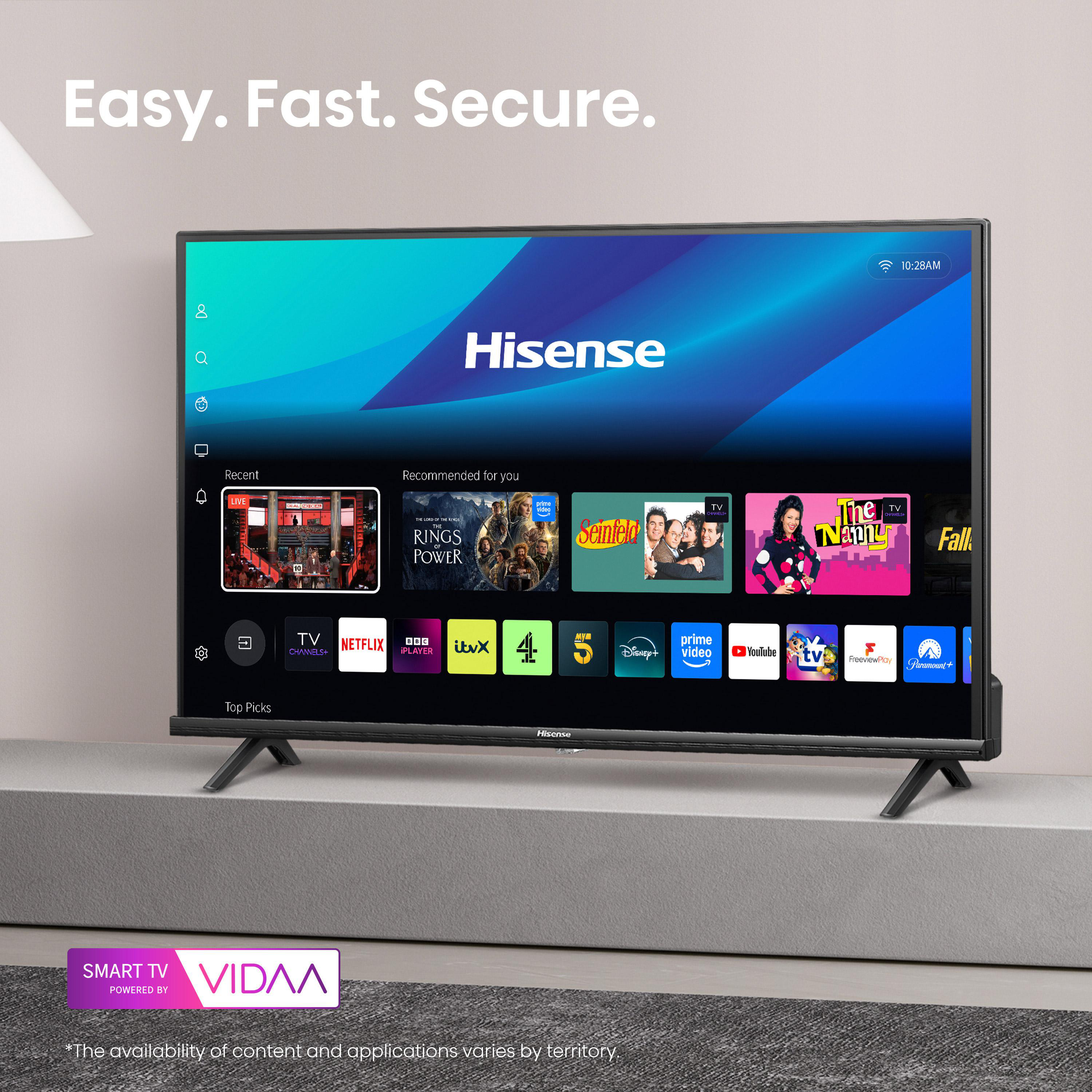Hisense-Fernseher zeigt Streaming-Apps. Zu den Titeln gehören 'Rings of Power', 'Seinfeld' und 'The Nanny'. 'Easy. Fast. Secure.' wird angezeigt.