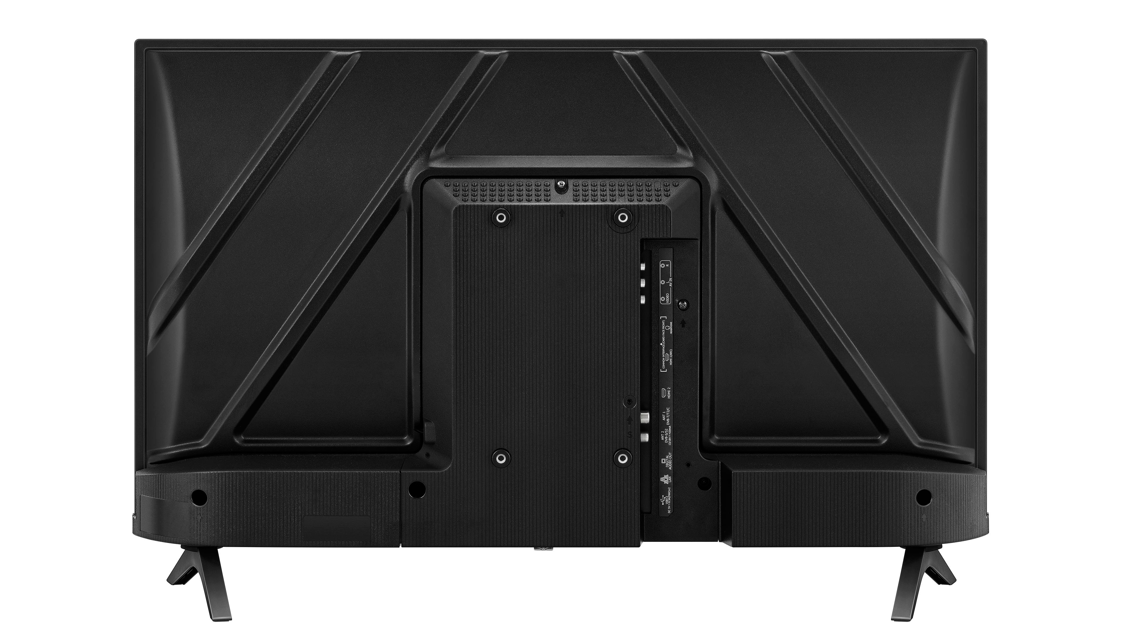 Rückseite eines schwarzen Fernsehers mit verschiedenen Anschlüssen und Eingängen. Der Fernseher steht auf zwei schwarzen Beinen.