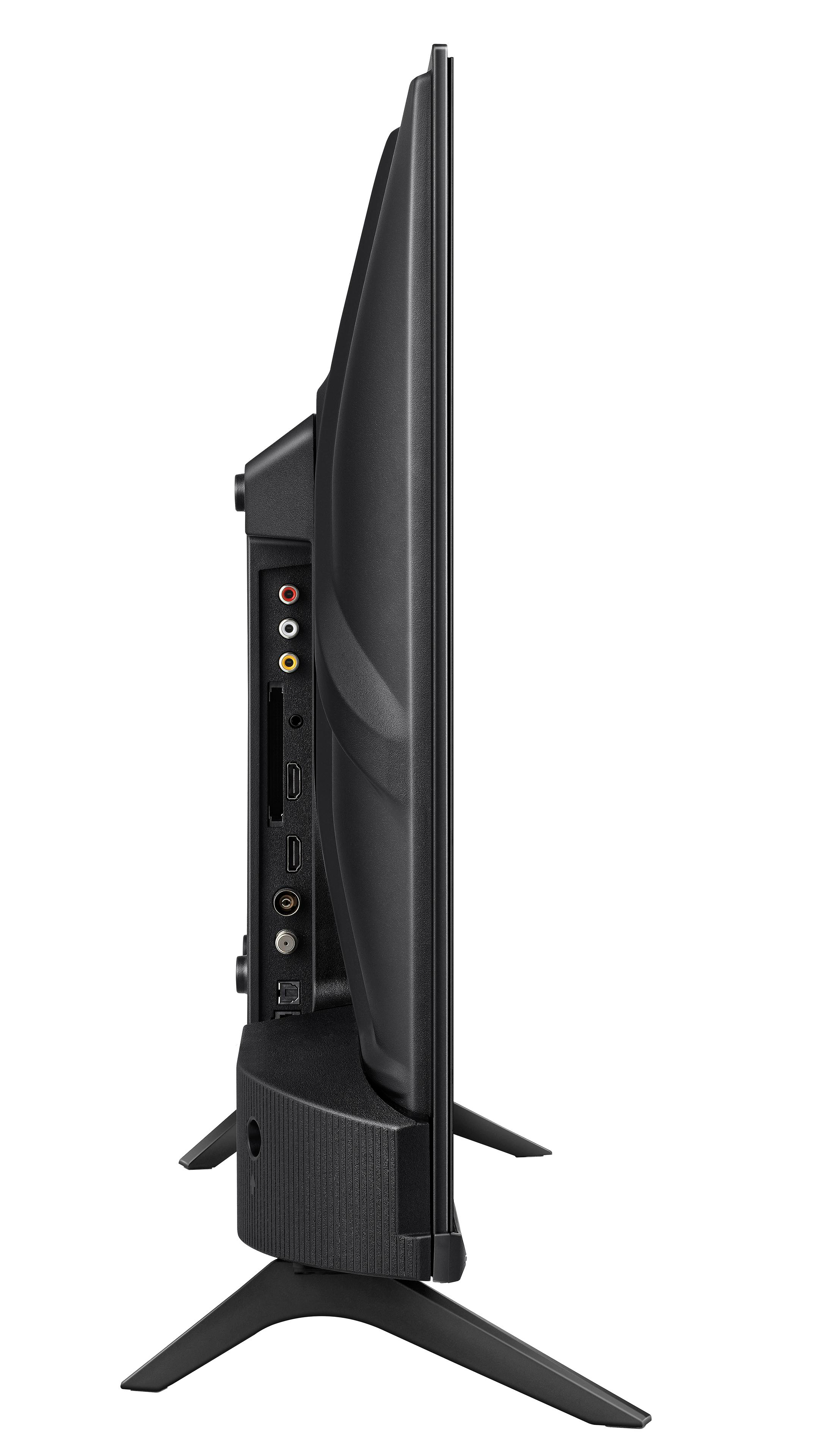 Seitenansicht eines schwarzen Fernsehers auf weißem Hintergrund. Er hat Anschlüsse und steht auf zwei schwarzen Füßen.