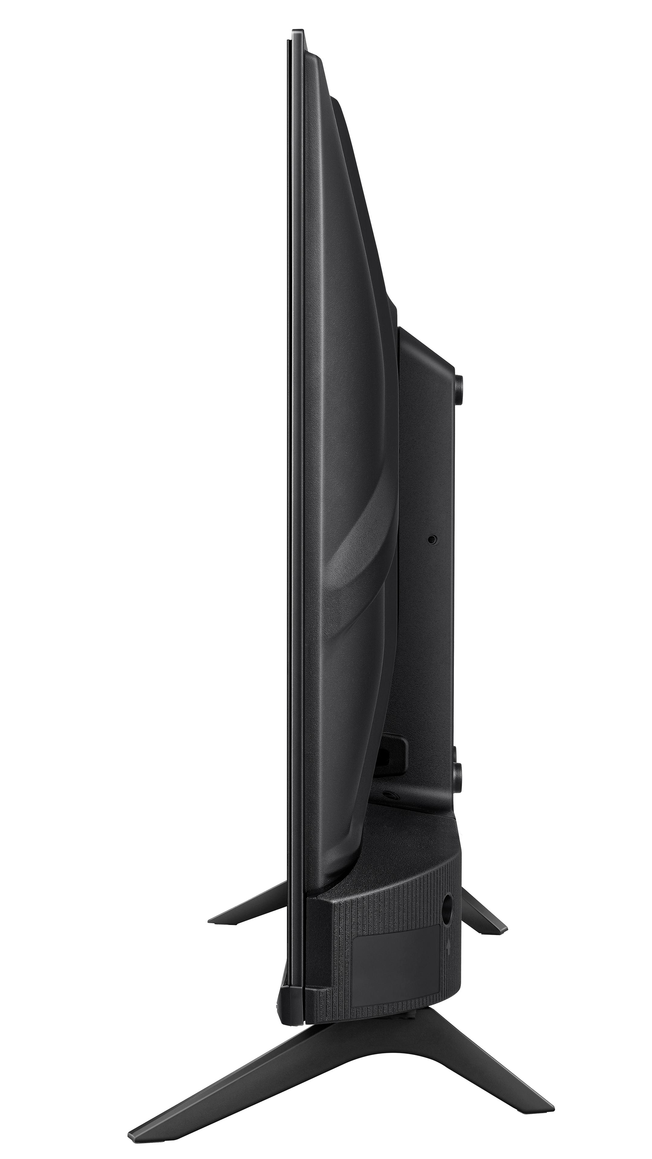 Seitenansicht eines schwarzen Fernsehers auf weißem Hintergrund. Der Fernseher hat einen Ständer und ist leicht angewinkelt.