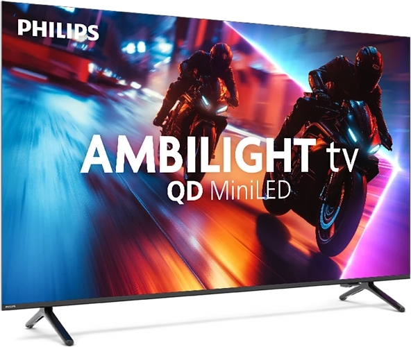 Philips Ambilight TV. A képernyőn két motoros látható egy színes mozgáselmosódással. Fekete TV-állvány.