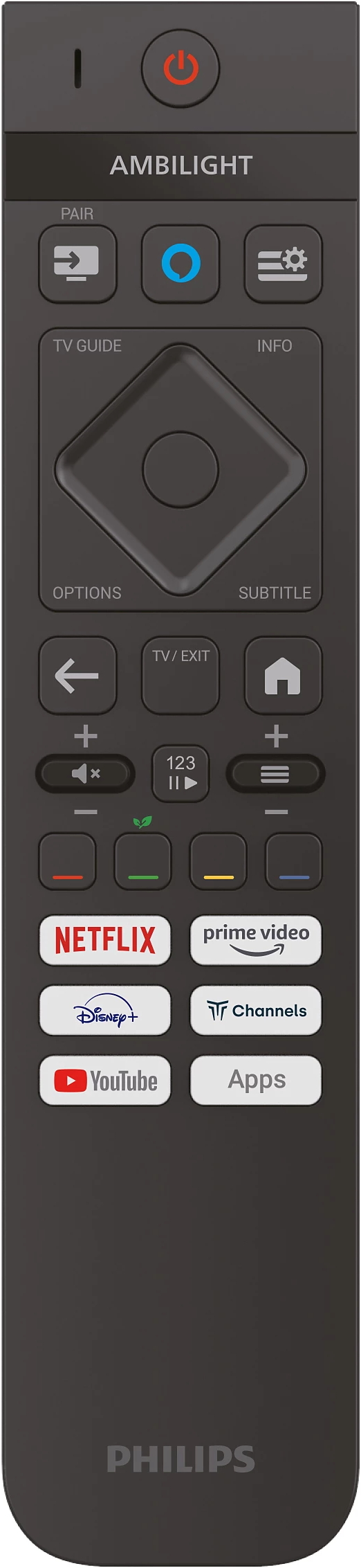 Philips távirányító TV műsorújság, Netflix, YouTube és egyéb alkalmazások gombjaival.