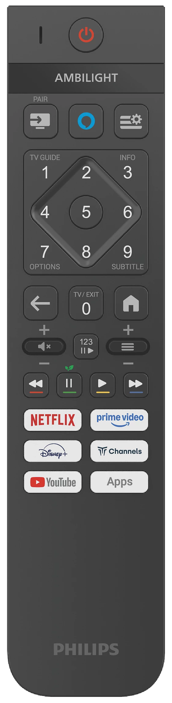 Sötétszürke Philips távirányító. TV-kalauz, számok, Netflix, Prime Video és alkalmazás-parancsikonok gombjai vannak rajta.