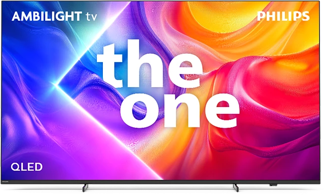 Philips TV "the one" felirattal. Ambilight és QLED technológiával. Színes háttér Philips logóval.