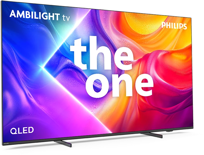 Egy Philips QLED TV színes kijelzővel. A képernyőn a 'the one' és az 'AMBILIGHT tv' felirat látható. A 'PHILIPS' márkanév látható.