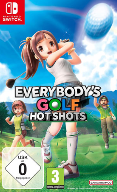 Spielcover: Cartoon-Golfer. Eine Frau schwingt einen Golfschläger, ein Golfball am Himmel. Titel: Everybody's Golf Hot Shots.