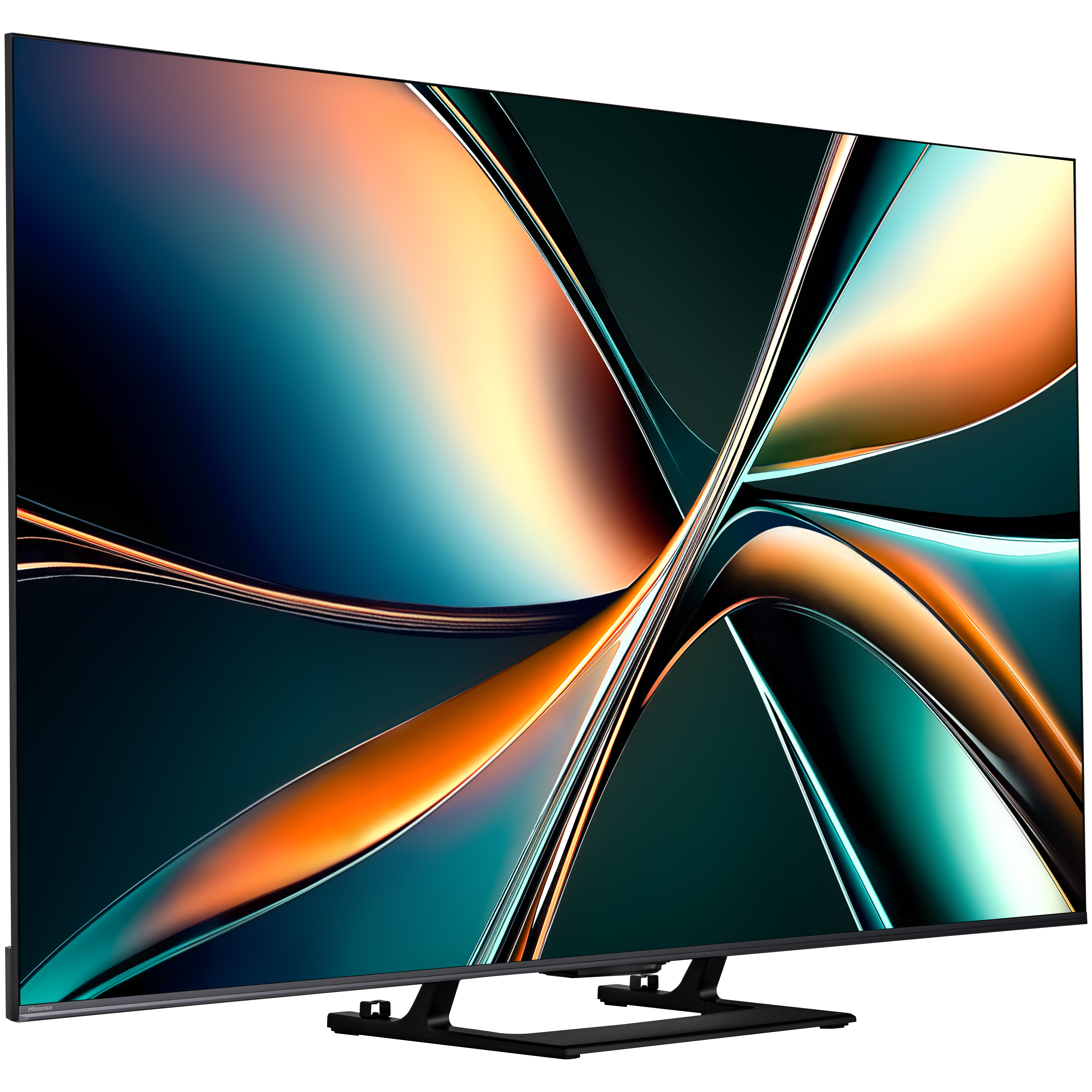 Ein großer Flachbildfernseher mit Ständer. Der Bildschirm zeigt abstrakte Kunst in Türkis-, Orange- und Gelbtönen.