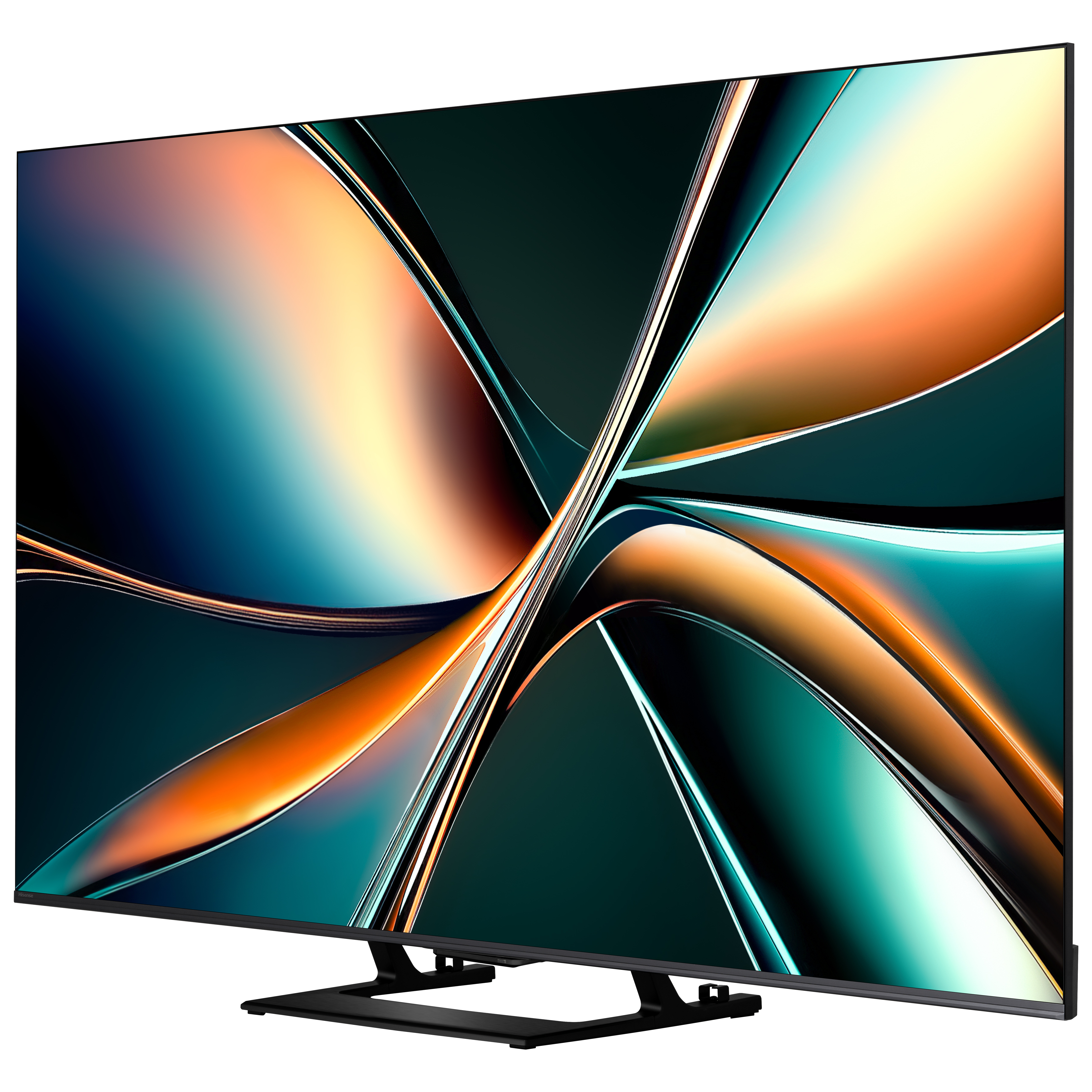 Großer Flachbildfernseher mit abstraktem, farbenfrohem Display. Schwarzer Standfuß. Farben: Türkis, Orange, Gold und Dunkelgrün. Angesicht.
