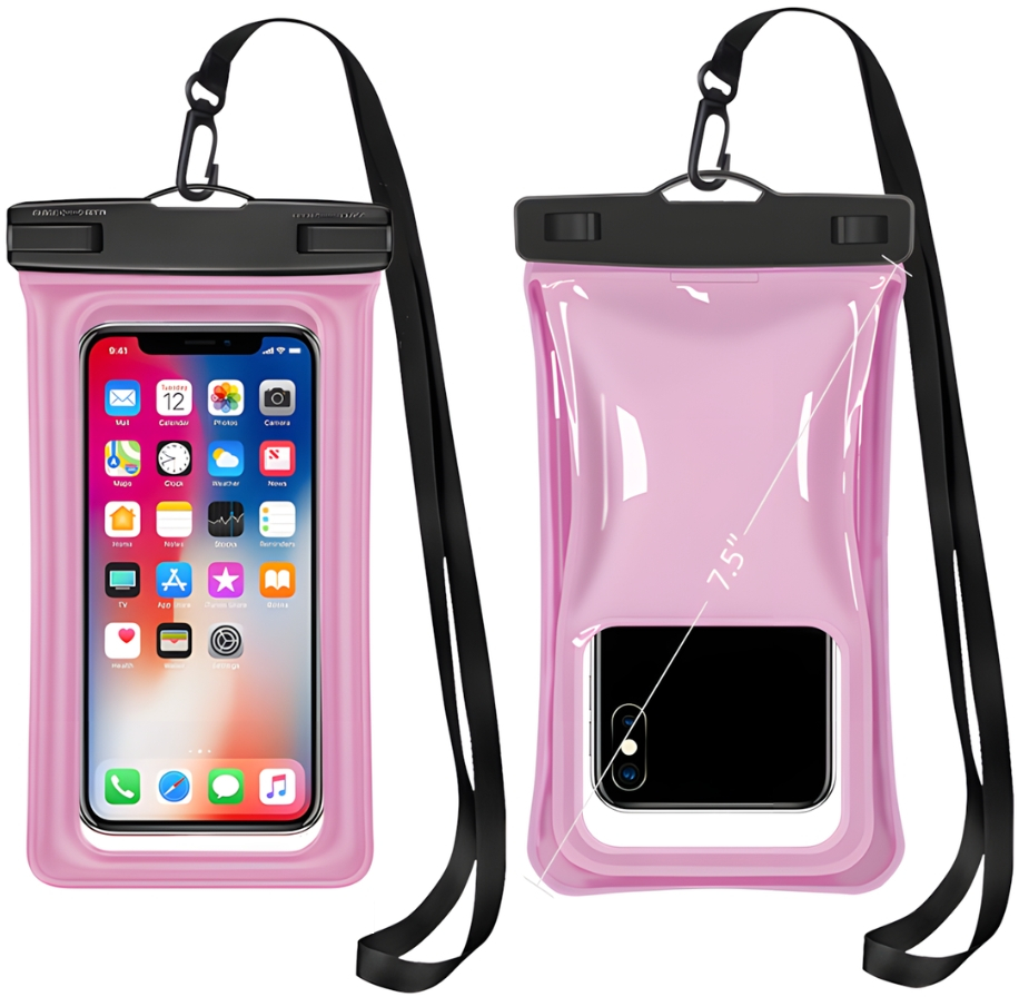 Dwa różowe, wodoodporne etui na telefon z czarnymi paskami. Jeden pokazuje ekran telefonu, drugi ma telefon w środku.