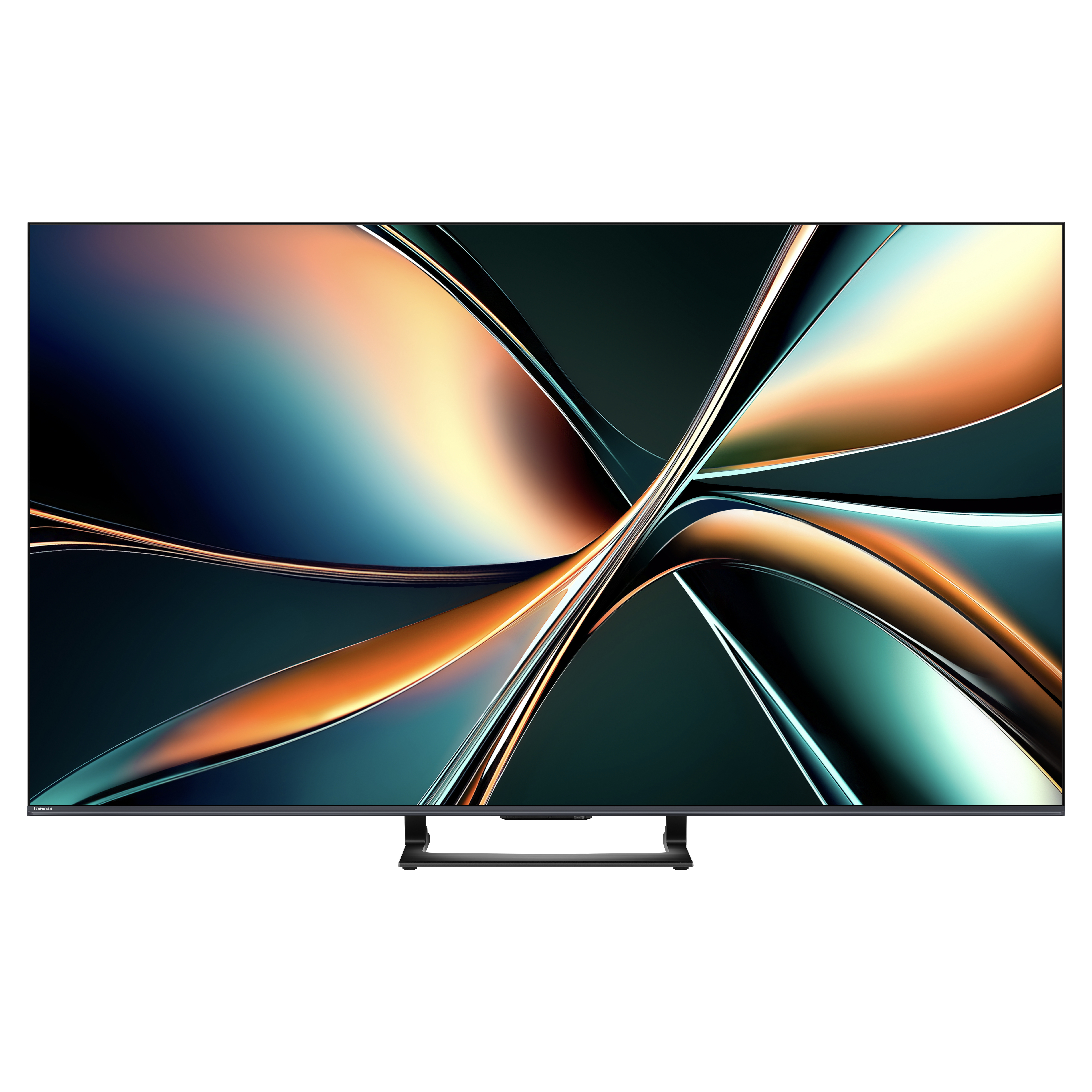 Ein großer Fernseher mit einem farbenfrohen abstrakten Design auf dem Bildschirm. Er hat einen schwarzen Rahmen und Standfuß.