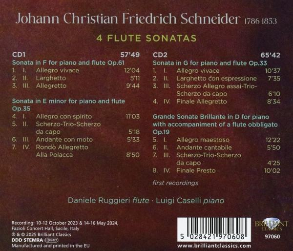 CD-Cover mit musikalischen Details. Es listet 4 Flötensonaten von Johann Schneider auf. Es enthält Titellisten und Interpreten.